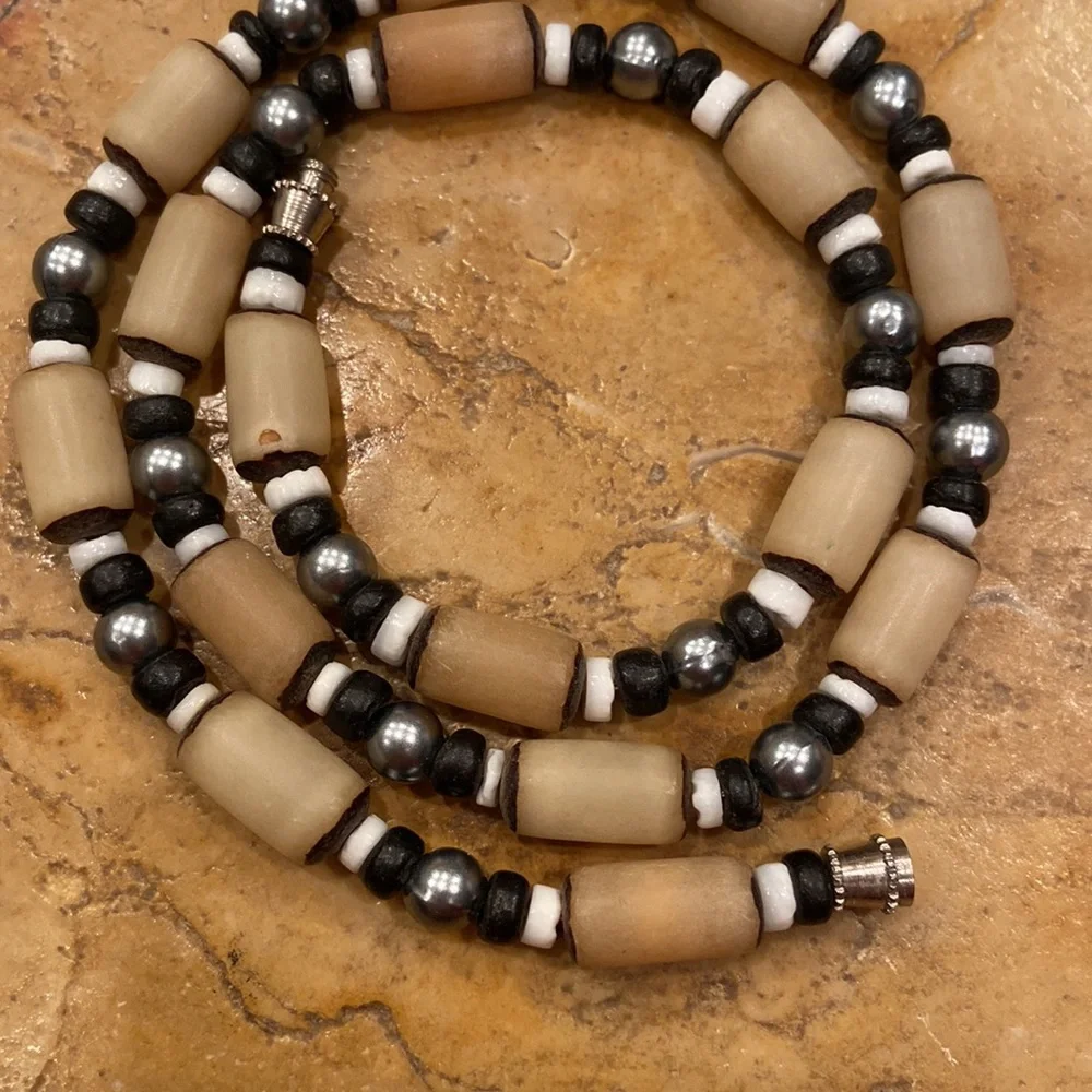 Coconut Wood Bead Necklace with Metal Spacer Accent Beads